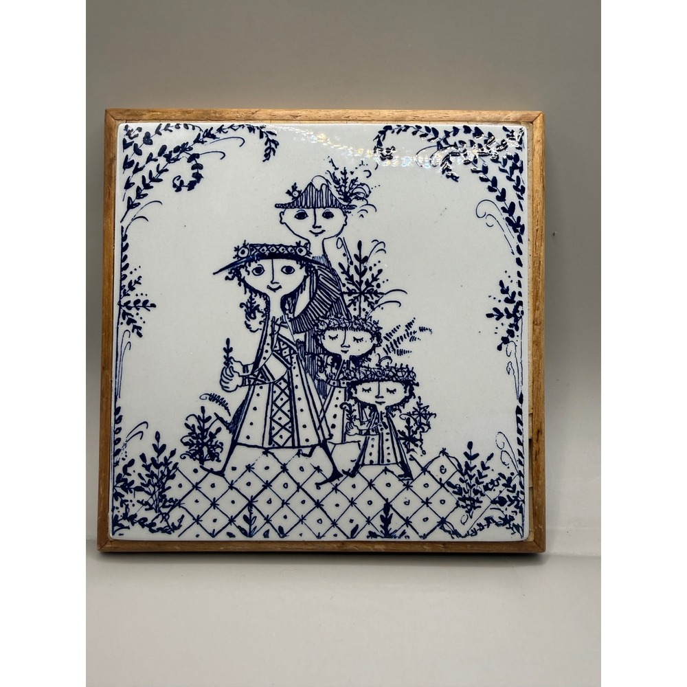 Vintage Bjorn Wiinblad Ceramic Trivet Blue White Danish Modern Wood Frame 6x6 - Picture 7 of 16
